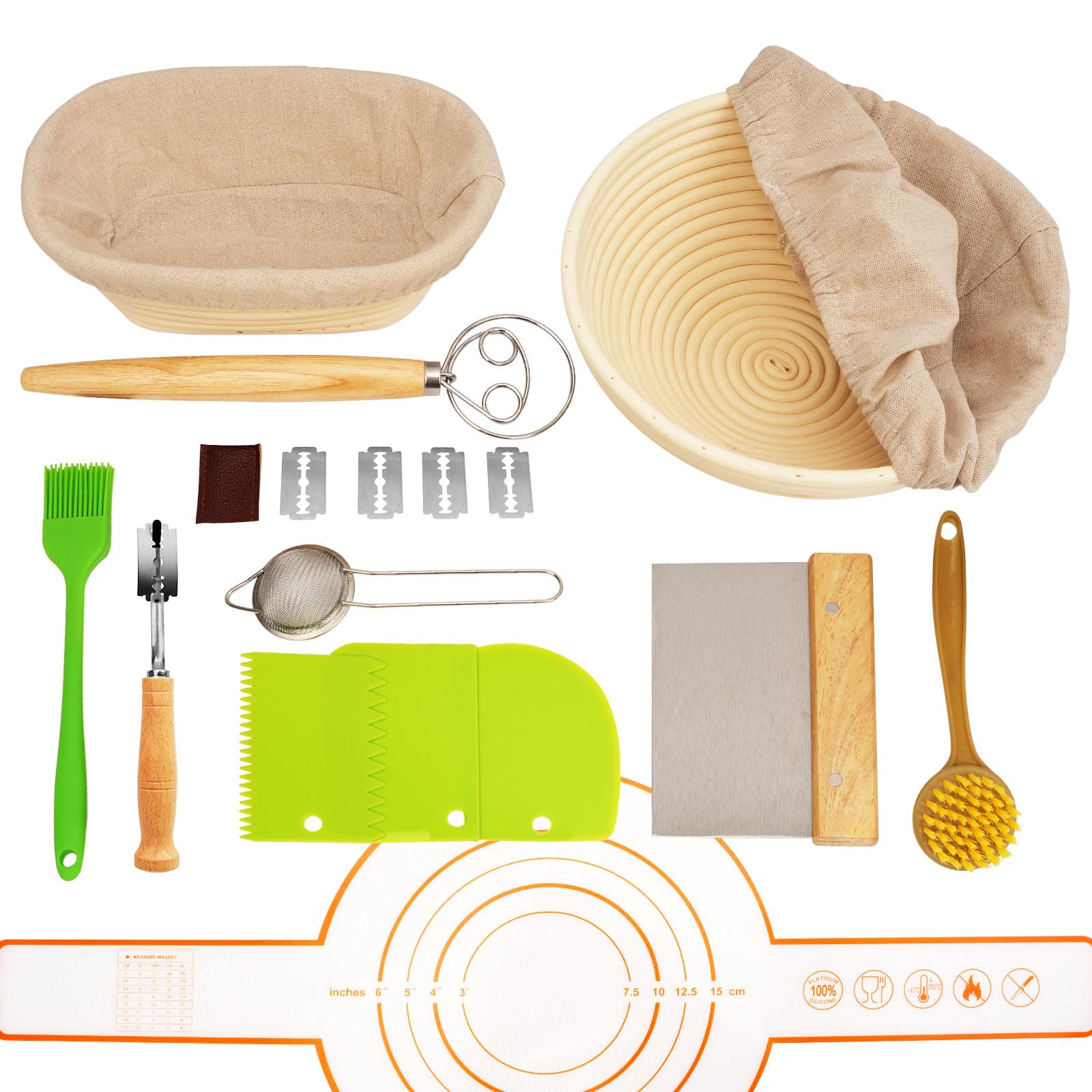 Sourdough Starter Kit, Banneton Bread Proofing Basket, Rakovar Proofing Basket with Liner, 9" Round & 10" Oval Rattan Bread Basket with Dough Whisk, Baking Supplies, Sour Dough Baking kit