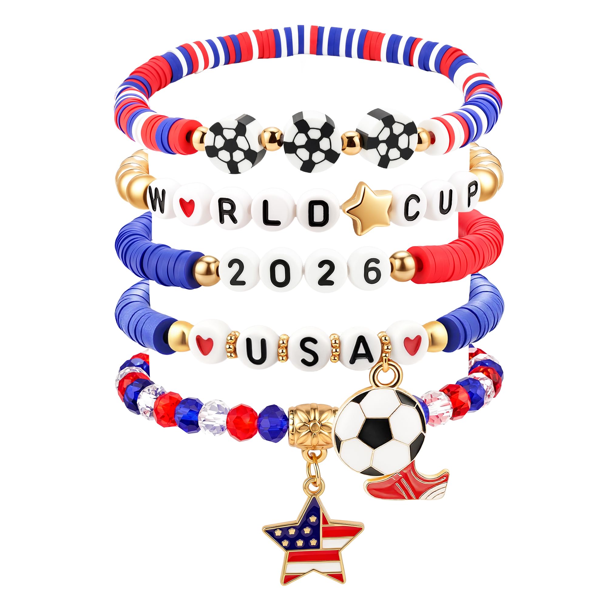 Trinckle Soccer Gifts for Women, 5PCS USA Game Day Bracelets Watch Party Red White and Blue Patriotic Accessories,Stackable Soccer Mom Fans Bracelet Sports Man Support 2026 Team Jewelry for Tournament