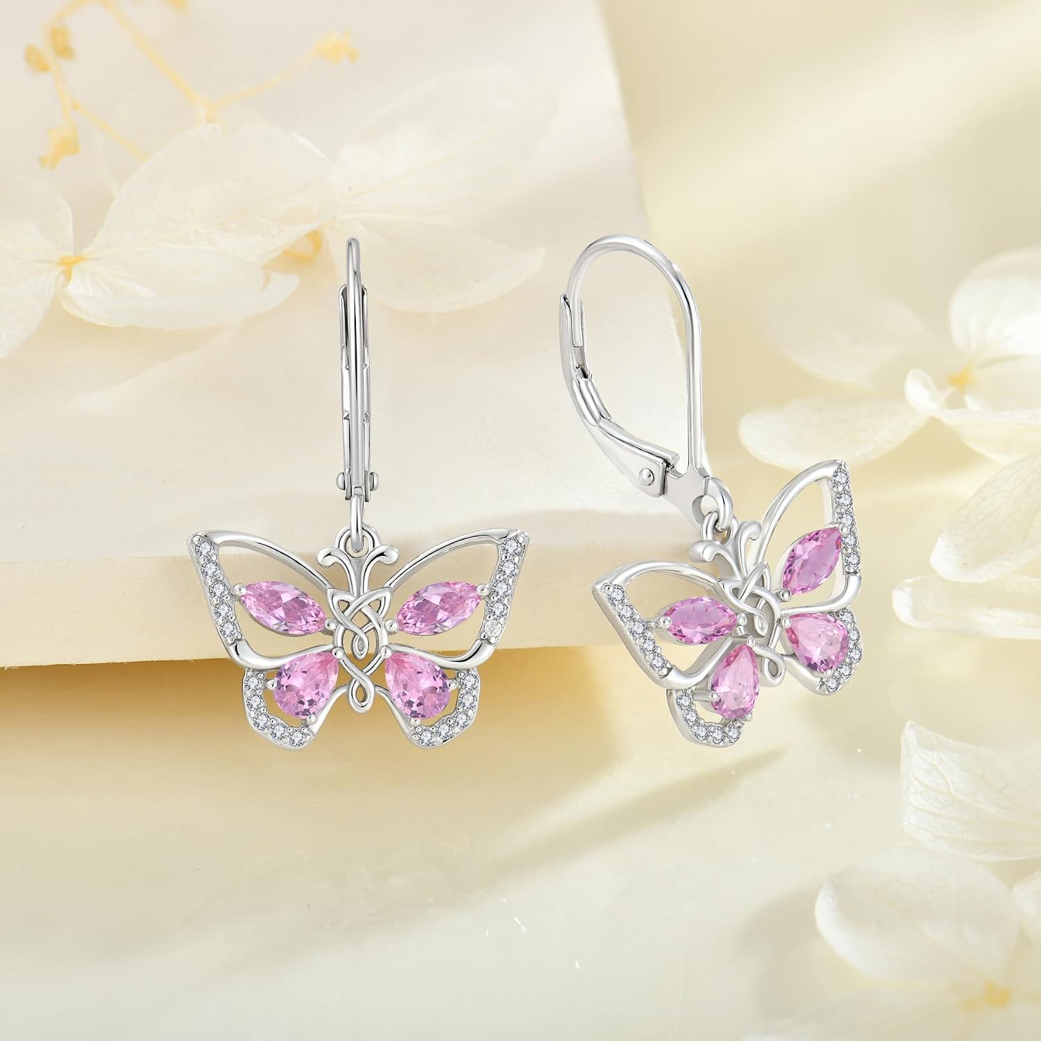 Butterfly Earrings Leverback Earrings for women Butterfly Birthstone Jewelry 925 Sterling Silver 5A Cubic Zirconia Celtic Knot Earrings for her