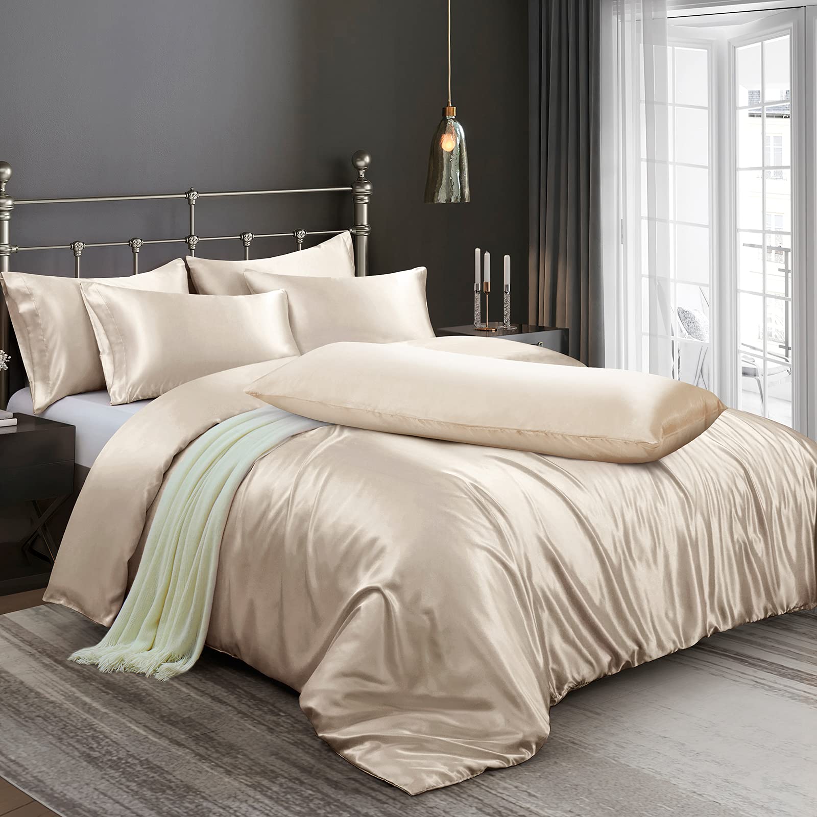 Ersmak 6 Pieces Satin Duvet Cover King Size Luxury Silky Bedding Duvet Cover Set with 1 Soft Duvet Cover, 4 King Pillowcases and 1 Body Pillowcase, Beige-image-25