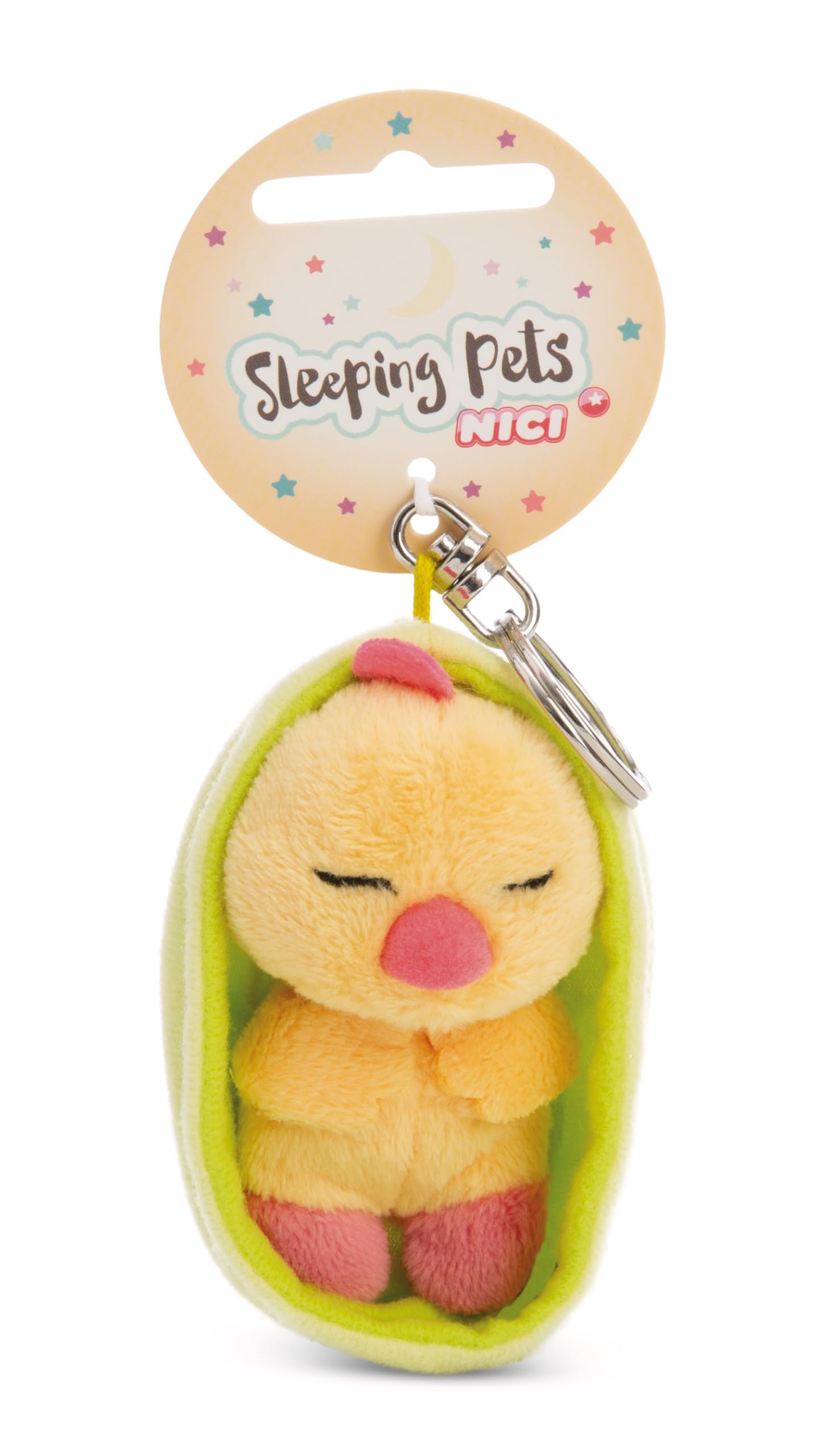 NICI Sleeping Pets Keyring, Chick in Basket Keyring, Yellow, 8 cm, Loyal Companion for Backpack or Bag, Key Holder for Kids and Adults, 61612