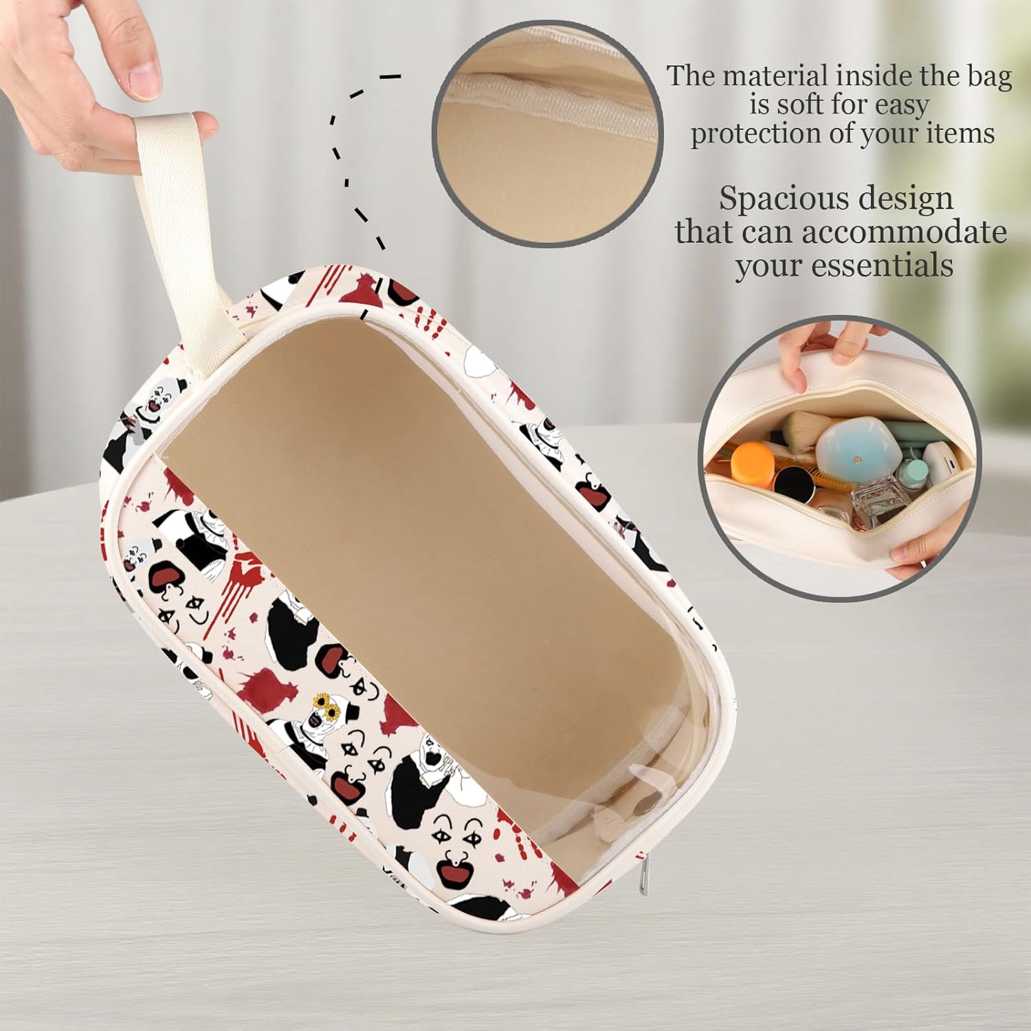 MNIGIU Horror Movie Lover Gift Peace Love Art Clear Makeup Bag Clown Fans Gift Horror Clown Zipper Cosmetic Bag - Image 3