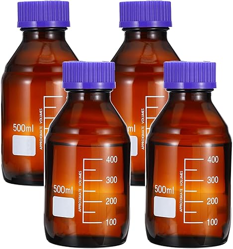 Miniatura 7 de PATIKIL Paquete de 4 botellas de almacenamiento de medios de reactivo, botellas redondas graduadas de vidrio borosilicato de 16.9 fl oz con tapa de
