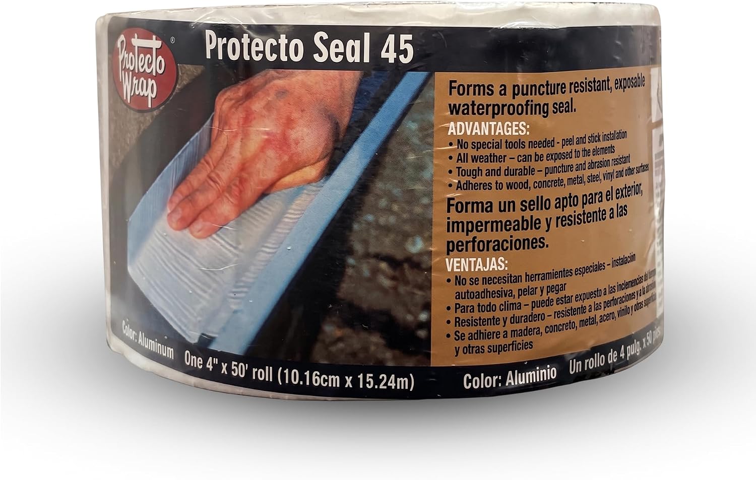 Protecto Wrap PS45 Alum Waterproofing Membrane – Self-Adhering Aluminum Flashing – UV-Rated for Long Exposure – Fully Adhered Air & Vapor Barrier for Exterior Sills, Openings and Sheathing – 4" X 50'