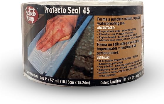 Protecto Wrap PS45 Alum Waterproofing Membrane Self-Adhering Aluminum Flashing UV-Rated for Long Exposure Fully Adhered Air & Vapor Barrier for Exterior Sills, Openings and Sheathing 4" X 50