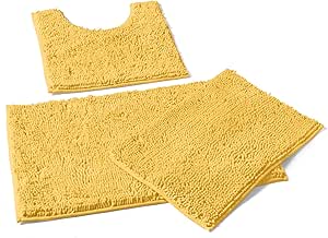 LuxUrux Yellow Bathroom Rugs Sets 3 Piece Shaggy Chenille Bathroom Mat Set, Includes U-Shaped Contour Toilet Mat, 20 x 30'' and 16 x 24'' Bath Mat, Machine Washable (3 Pc Set - Style A, Yellow)
