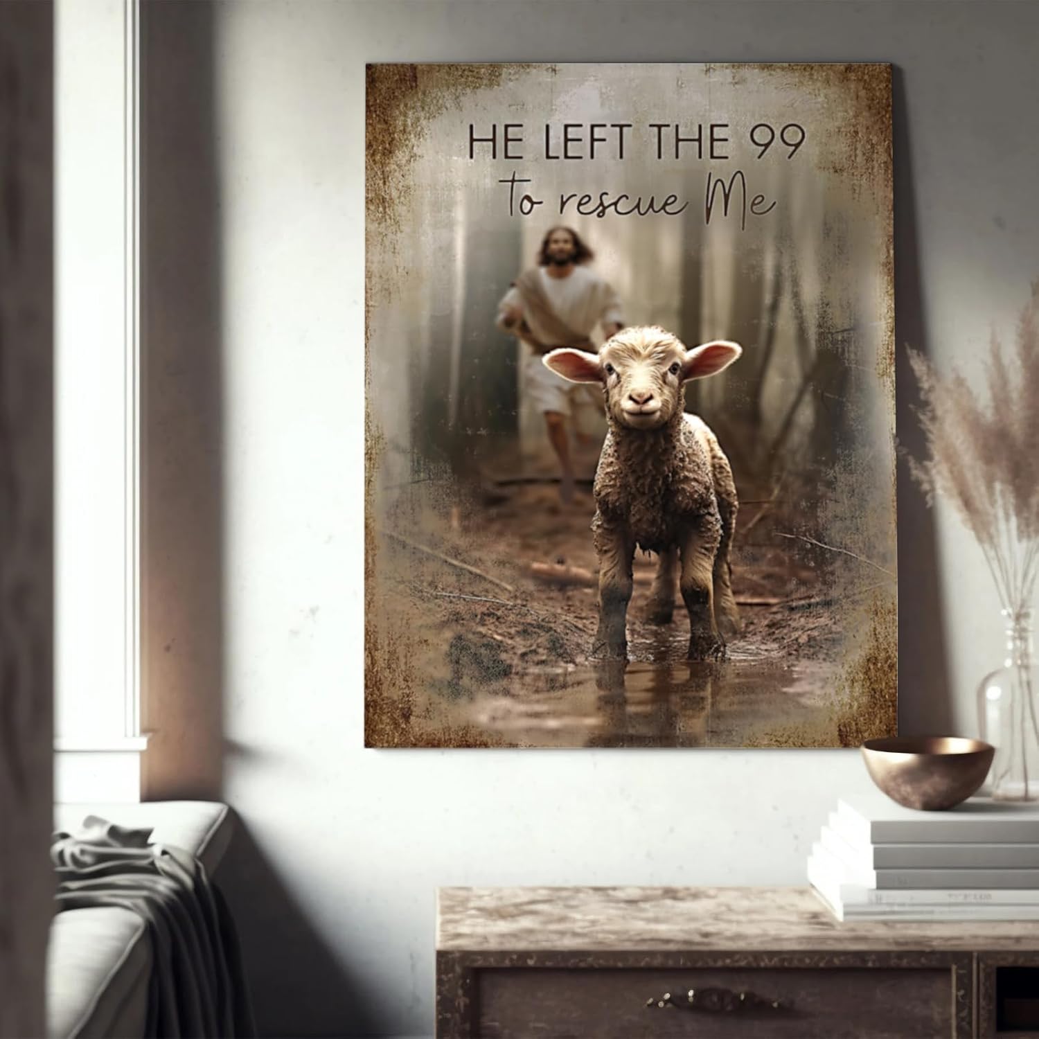 Christian Jesus And Lamb Wall Art Jesus Running After Lost Lamb Canvas Wall Decor He Left the 99 to Rescue Me Pictures Framed Artwork Print Painting For Living Room Bedroom Church 16"X20"