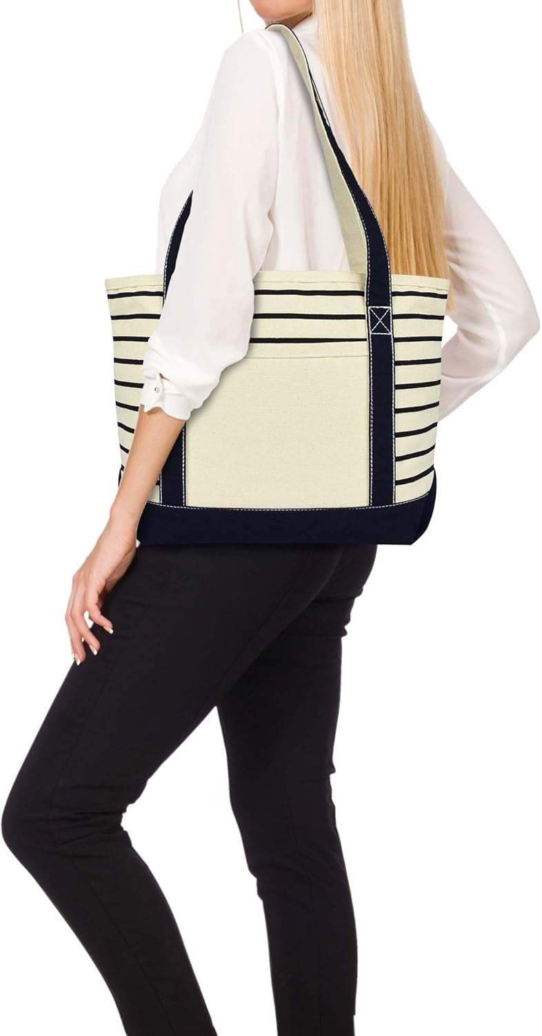 DALIX Small Stripe Tote Deluxe Shoulder Bag Cotton Canvas in Black - Image 2