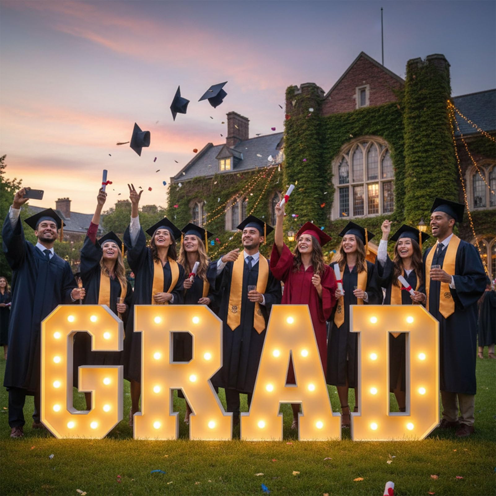 Mosaic “Grad” Diy Foam Board Illuminated Letters Large Neon Led Sign Kindergarten, Preschool, High School, and College Celebration Party Supplies(120cm)