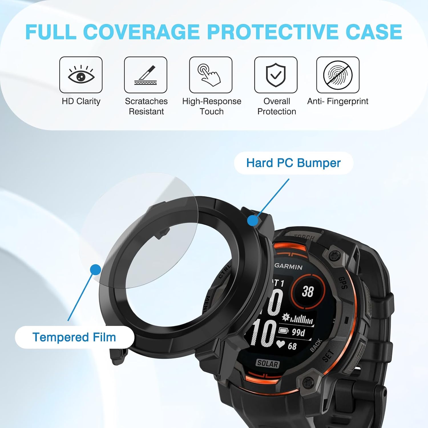 2 Pack for Garmin Instinct 3 45mm Watch Screen Protector Case, Full Coverage Tempered Glass Protective Cover Accessories,Hard PC Scratch Resistant Shell(Black)