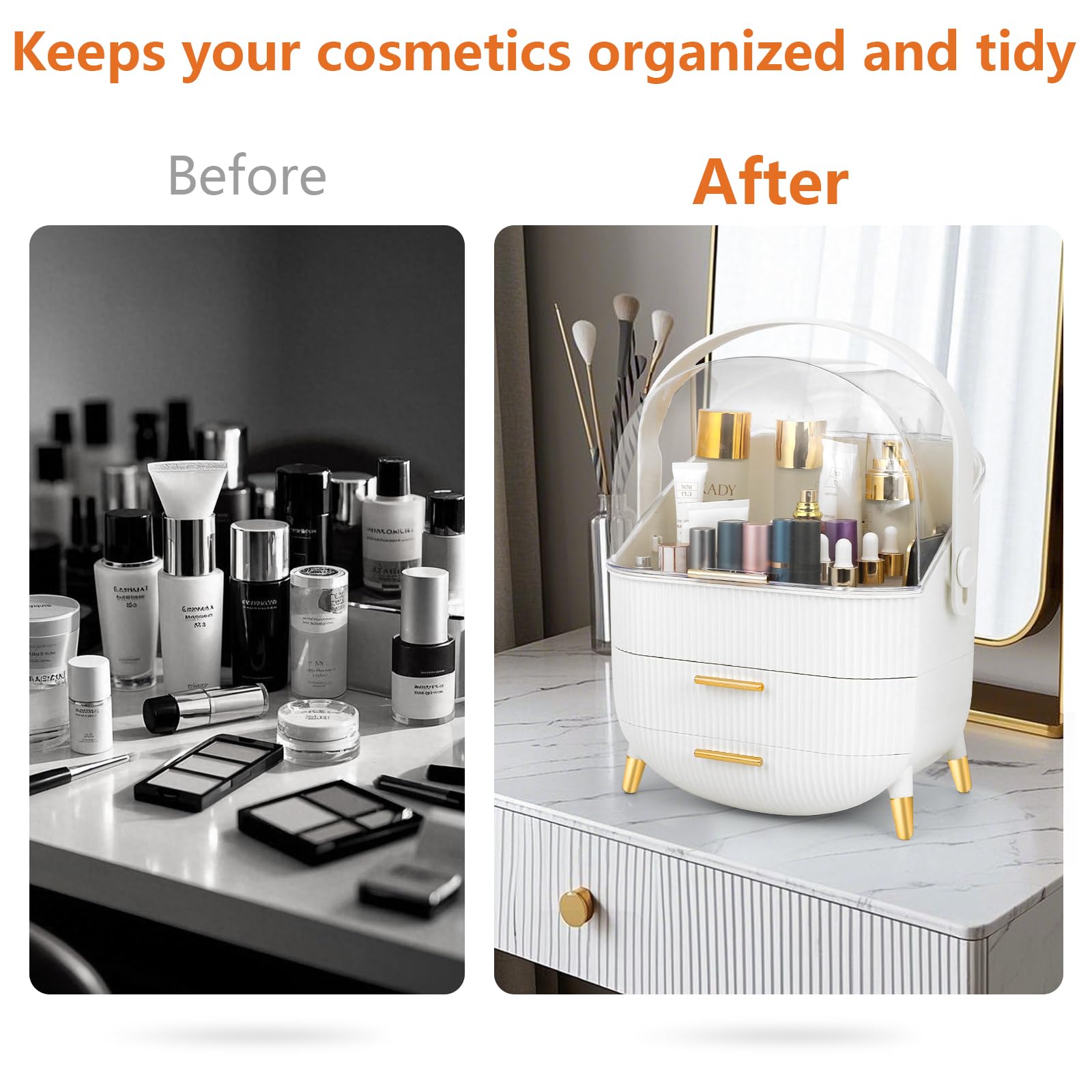 Romicta Organizzatore Cosmetici, Scatola per Makeup con 3 Cassetti e Porta Pennelli, Contenitore Trucco con Coperchio a Prova di Polvere e Acqua, Ideale per Tavolo da Trucco e Bagno (Bianco)