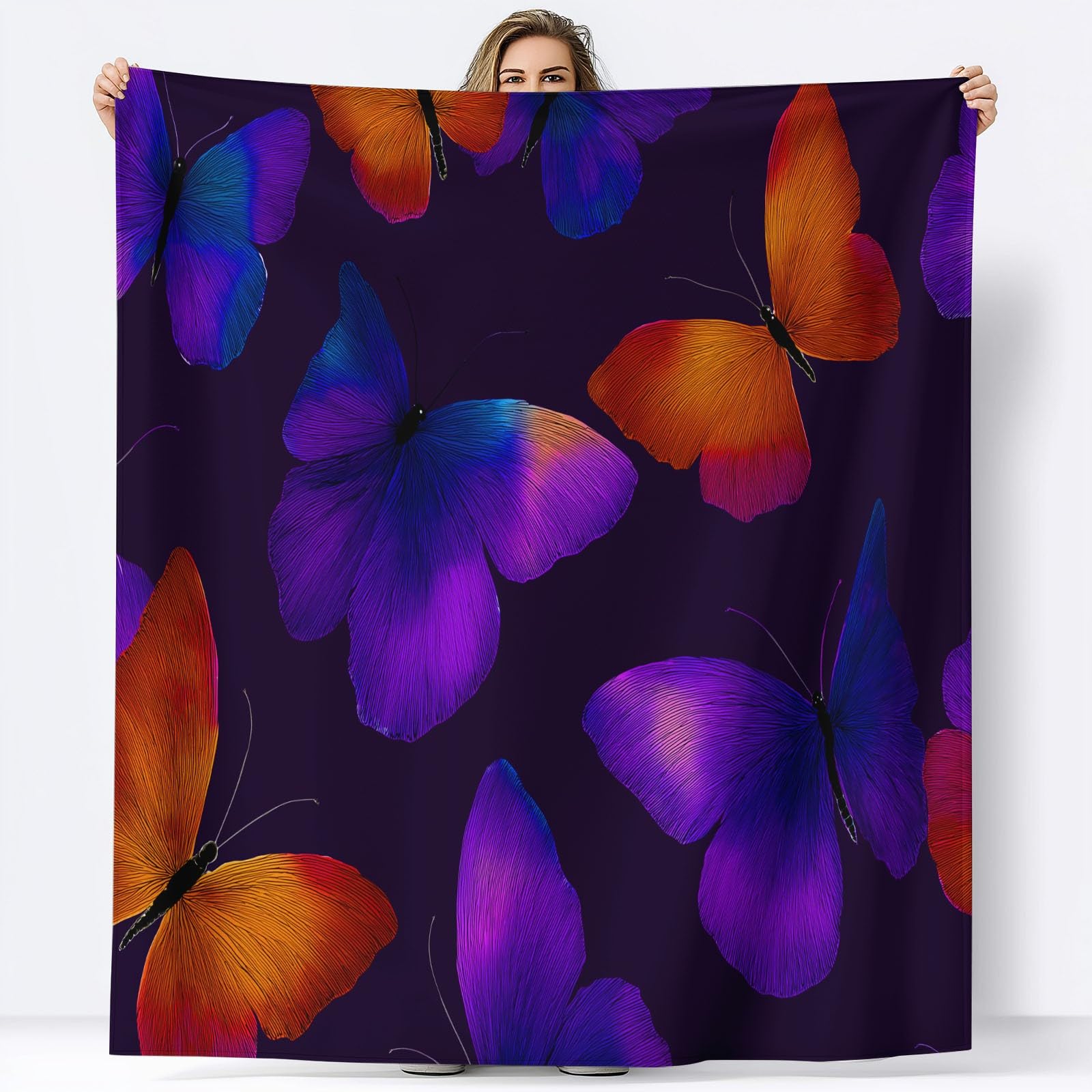 Ultracienki koc flanelowy, 220 x 240 cm, fioletowy, 220 x 240 cm, pluszowy i ciepły, neonowy, kolorowy nadruk motyla, lekki koc na łóżko, pościel na sofę, do podróży, dla dzieci i dorosłych, 220 x 240