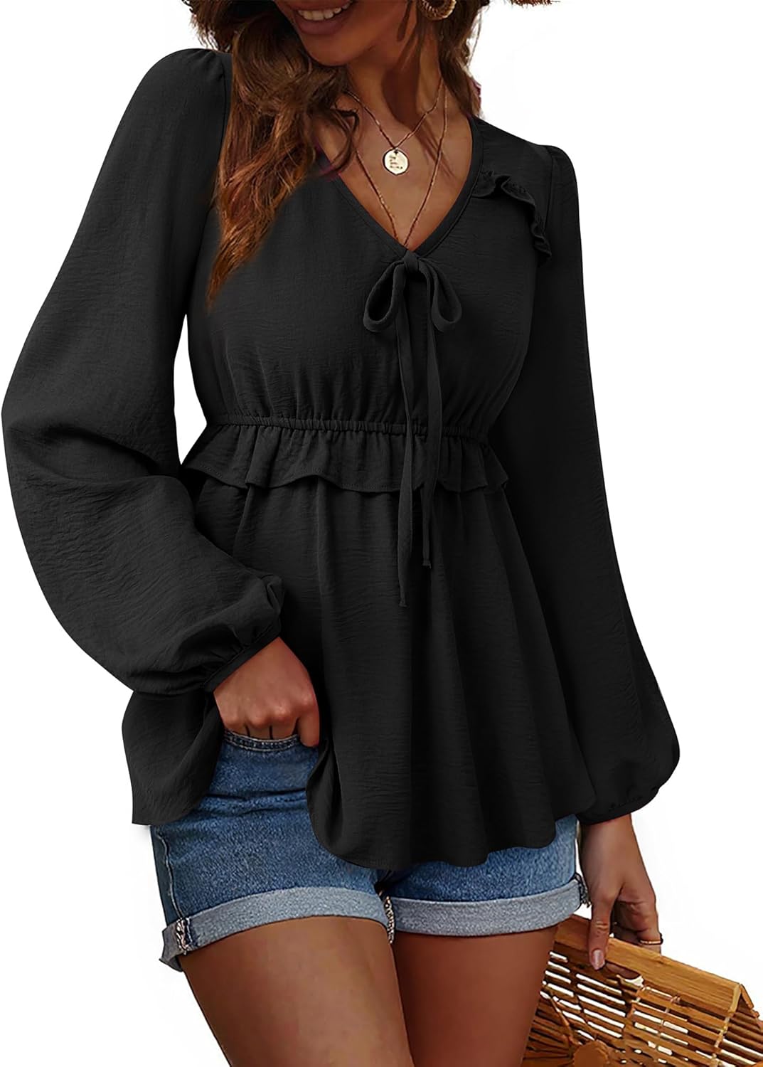 Vivilli Women's Blouses Dressy Casual Ruffle V Neck Tops Ruched Waist Lantern Long Sleeve Shirts Fall Outfits - Image 2