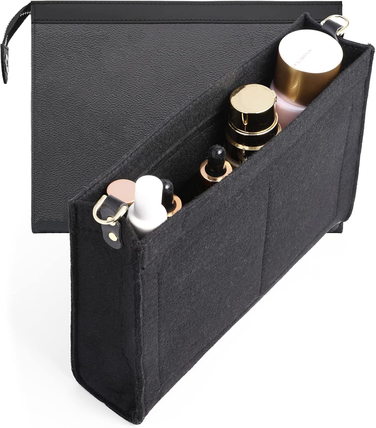 OAikor Purse Insert Organizer Bag compatible with Toiletry Pouch 26 Handbag Shaper with Golden D Ring Large-26, Black-Premium felt