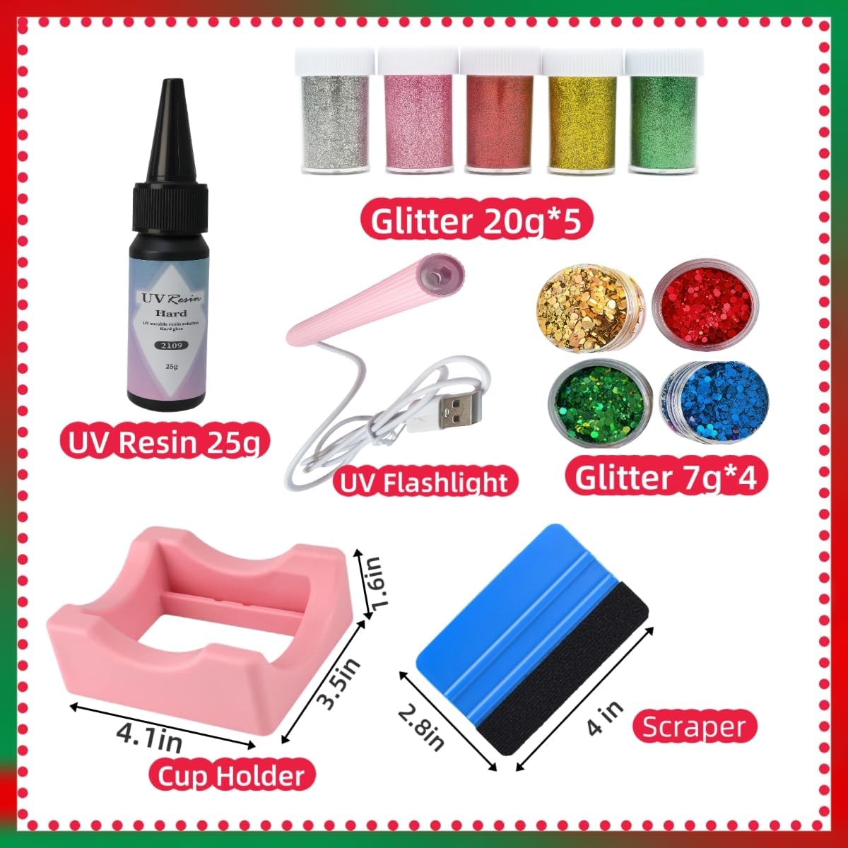 SIECCY 4 Pack Snow Globe Glass Tumbler DIY Kit, 16oz Double Wall Glass Can Supplies with UV DTF Cup Wraps, 5 Colors Glitter, Squeeze Bottle, Scraper, UV Resin Light & Funnel for Holiday Craft Gifts