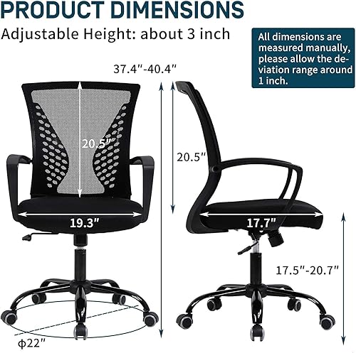 Miniatura 3 de Silla ergonómica de oficina, silla de malla con respaldo medio con soporte lumbar y reposabrazos, silla de computadora ajustable, silla de estudio,
