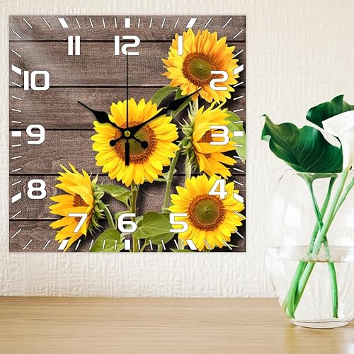 Miniatura 5 de CHGCRAFT Reloj de pared de 12 pulgadas con patrón vintage de girasol, reloj de pared cuadrado de madera silencioso, funciona con pilas, reloj de