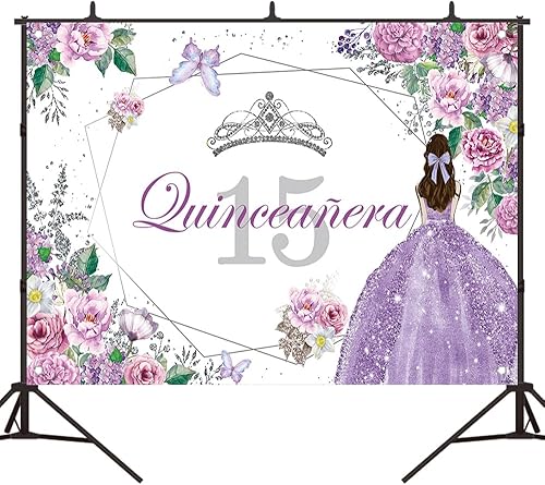 Miniatura 2 de Telón de fondo de cumpleaños de quinceañera con flores moradas y mariposas para cumpleaños de 15 años, fondo de fotografía para niñas, decoración de
