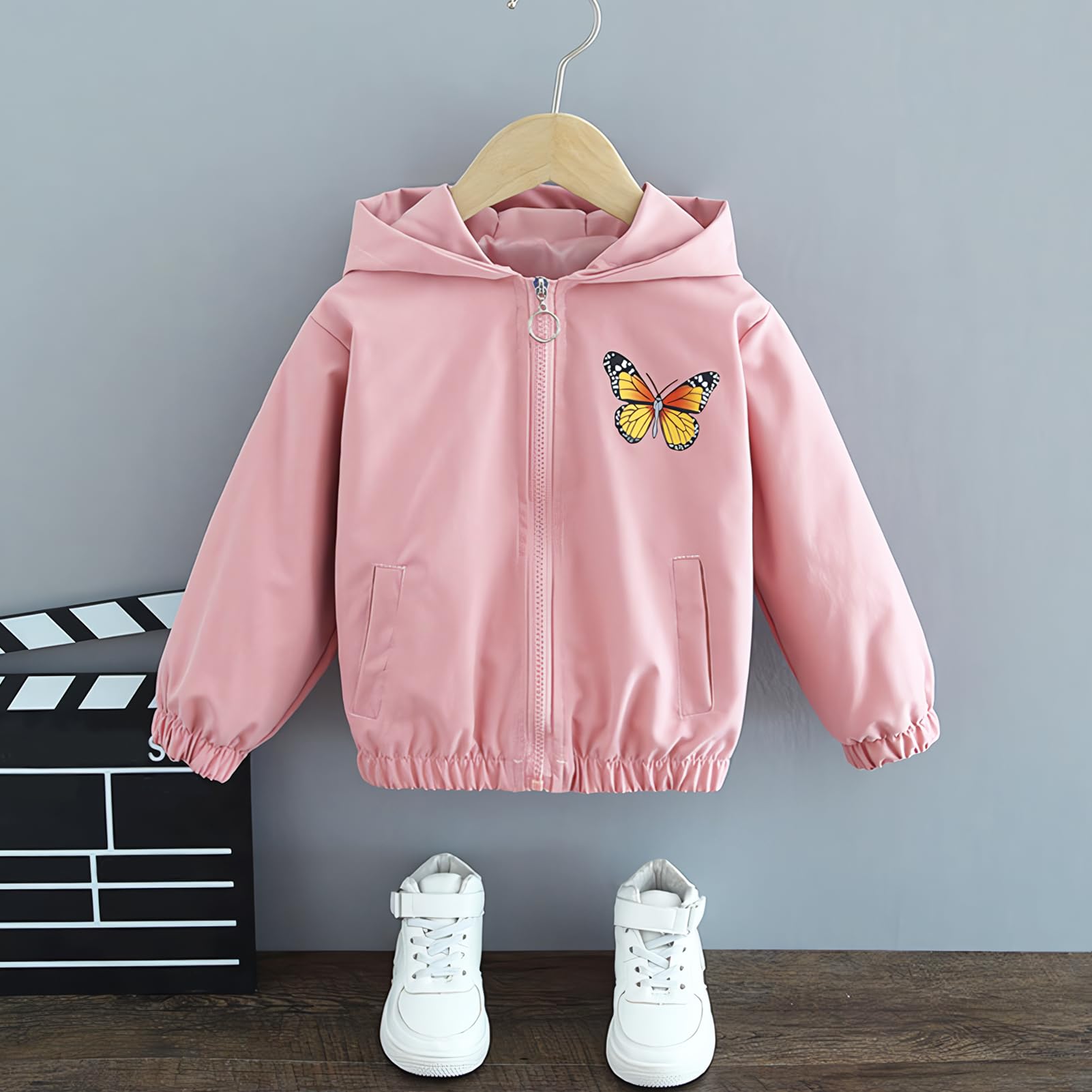 Enfant Fille Veste à Capuche Manteau Coupe-vent Blouson Trench-coat avec Papillon à Paillettes pour Printemps Automne