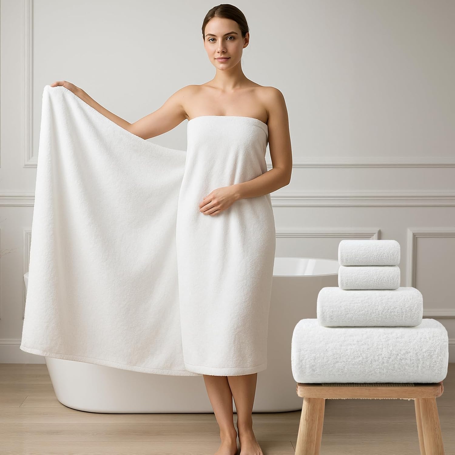 REDKISS Ultra-Plush Bath Towel Set - 900GSM Premium Thick Cotton for Bathroom & Spa, Super Absorbent Quick-Dry Bath Sheets with No Shedding (4-Piece Set for Adults, Luxury Hotel & Home Use)-White - Image 2