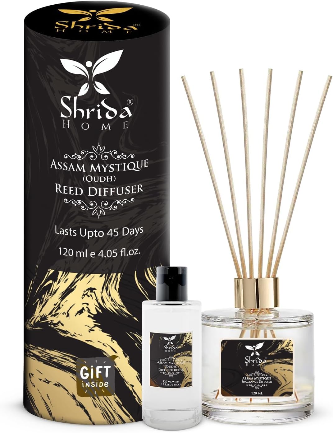 Black Oudh Reed Diffuser Combo with Extra 120ml Refill, Woody Long-Lasting Aroma, Toxin-Free Stress Relief, Ideal for Home, Bedroom, Bathroom & Office, Includes 6 Sticks