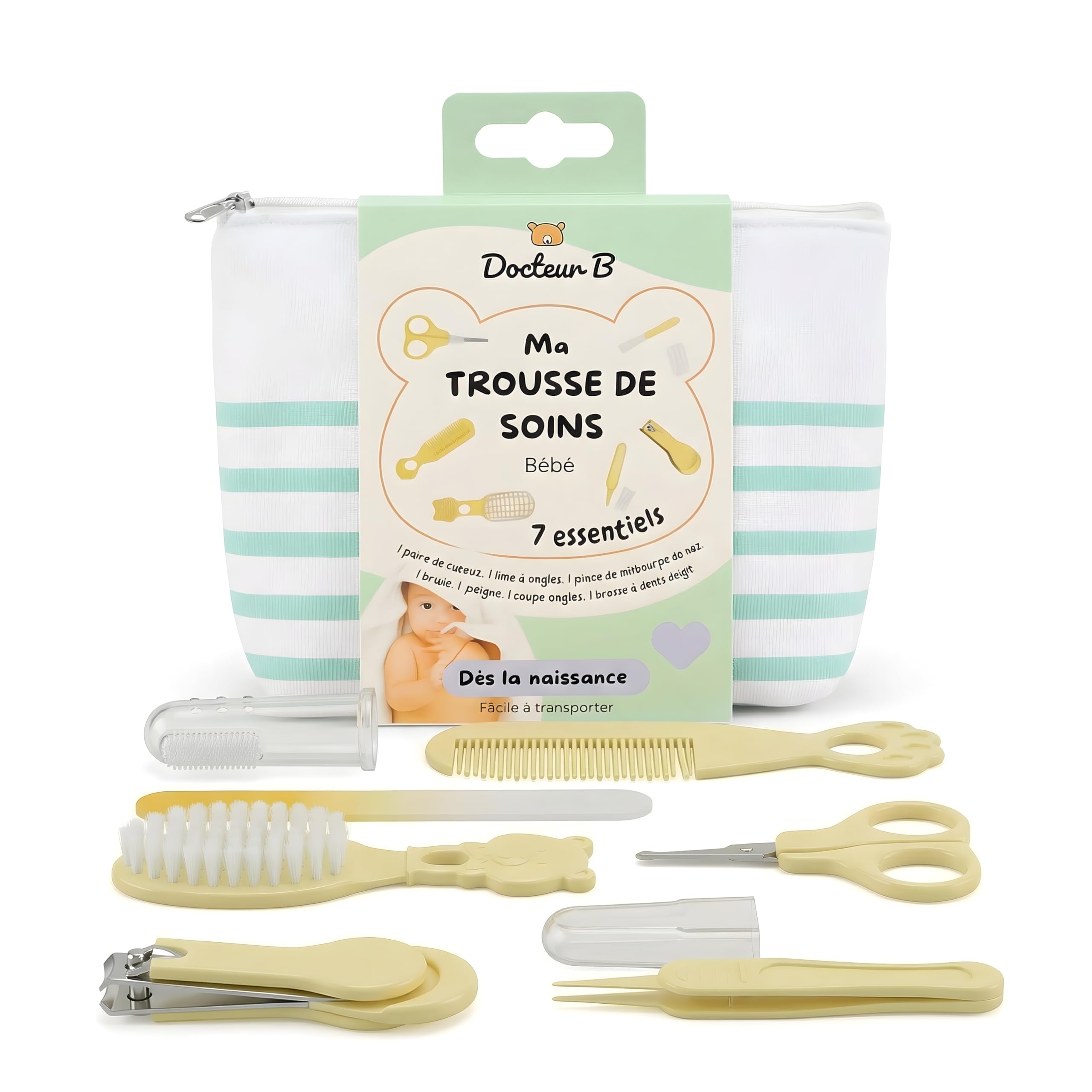 Trousse de Soins Bébé avec 7 Essentiels | Coupe-Ongles, Ciseaux Sécurisés, Brosse, Peigne, Lime, Pince Nez | Dès la Naissance | Kit de Toilette Portable | Pochette Rayée Incluse