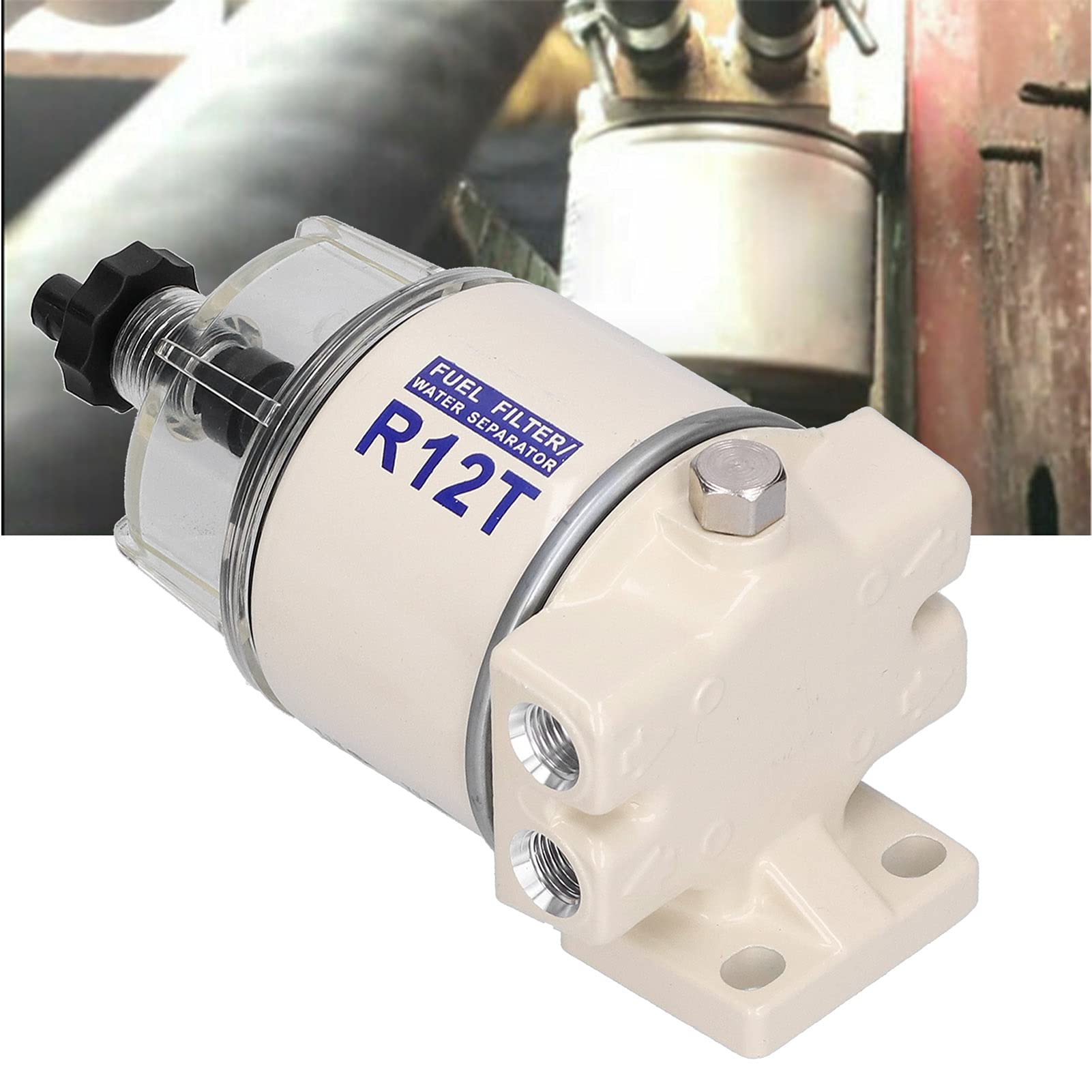 Aramox Separador de Agua del Filtro de Combustible Marino, 30GPH Tasa de Flujo, con Drenaje de Autoventilación, Reemplazo R12T, Giratorio