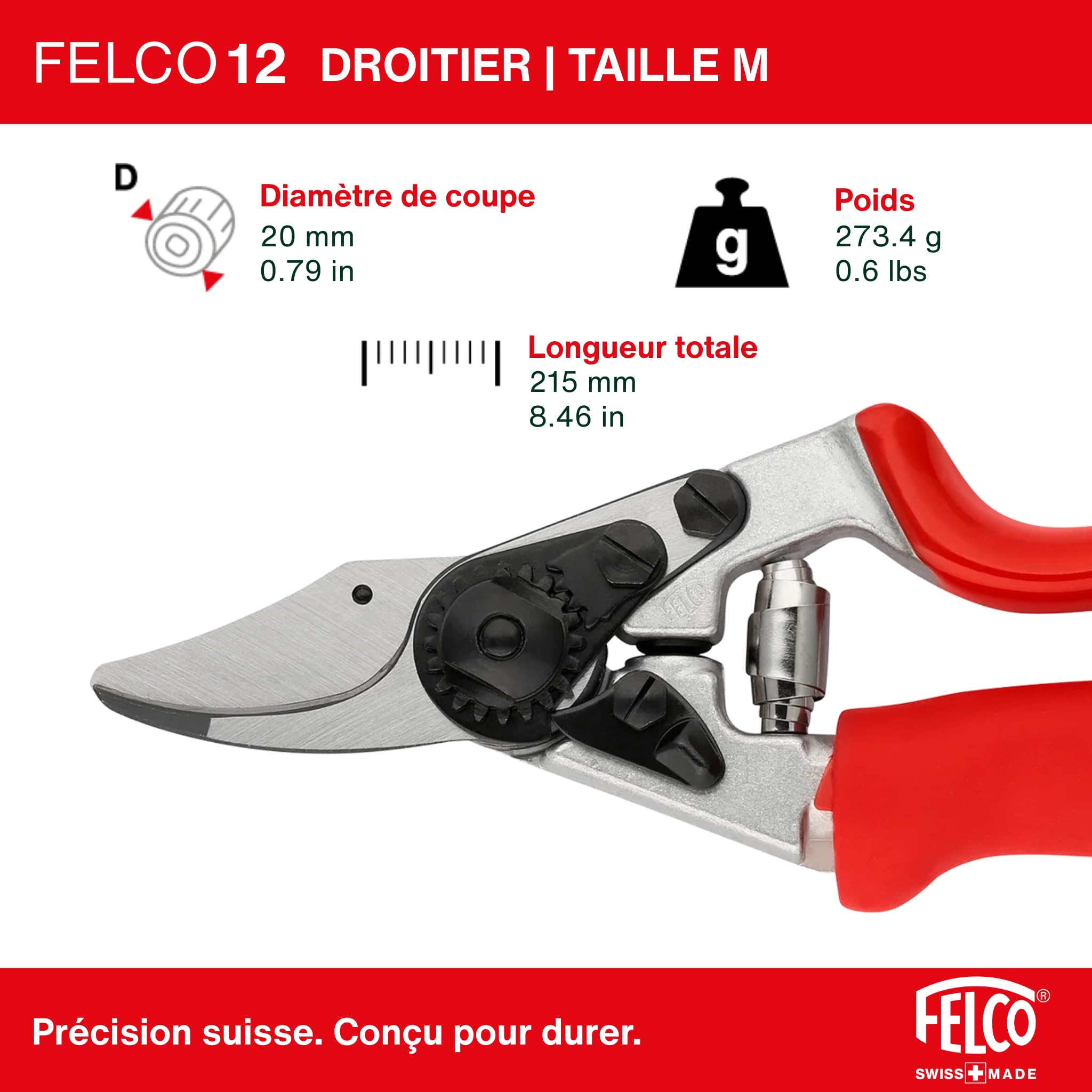 FELCO 12 sécateur bypass droitier avec poignée tournante, ergonomique pour main moyenne, lame 42 mm, coupe 20 mm, tête inclinée, amortisseurs, outil de taille compact, fabriqué en Suisse