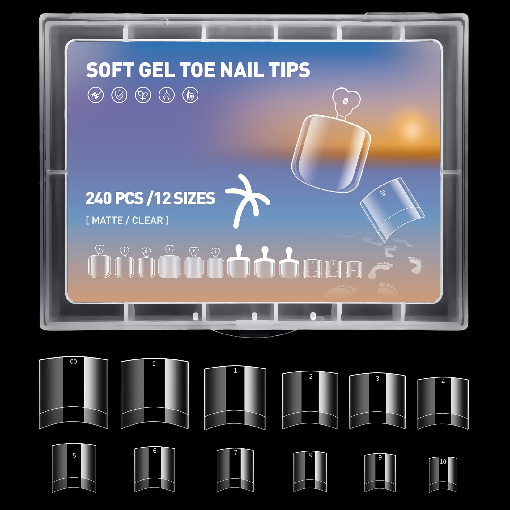 AORAEM Toe Nail Tips 240PCS Half Cover Fake Toenails Short Square Toenail Tips Extra Small 12 Sizes Acrylic Clear False Toenails Press on Toenails for Women Nail Salons and DIY