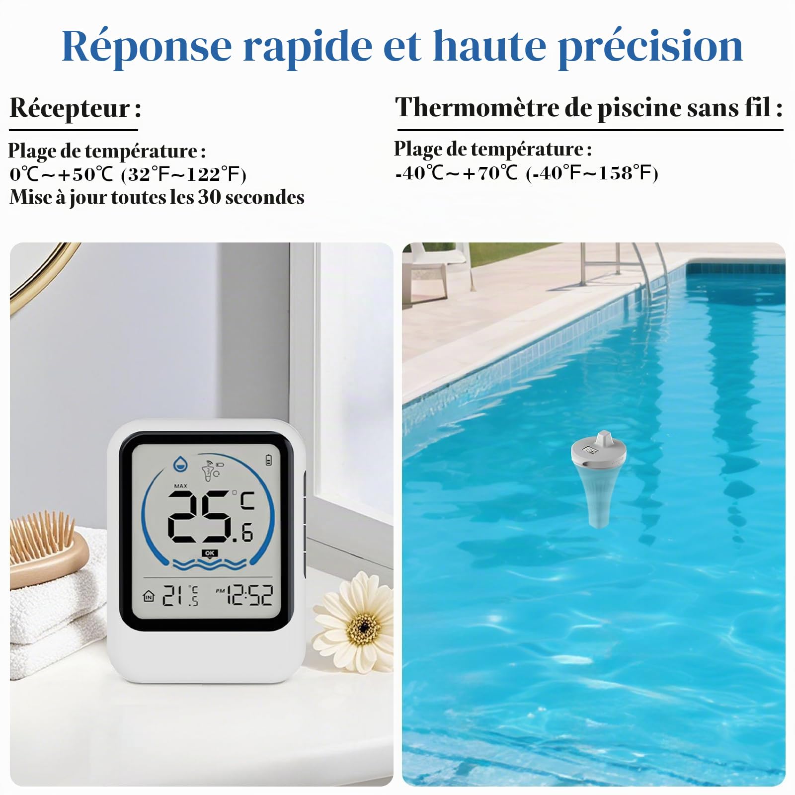 Thermometre Piscine, Thermomètre de Piscine Sans Fil étanche IP68, Thermomètre pour Piscine Numérique Flottant Sans Fil, Thermometre d'eau Intérieur Extérieur pour Aquariums, Baignoires, étangs