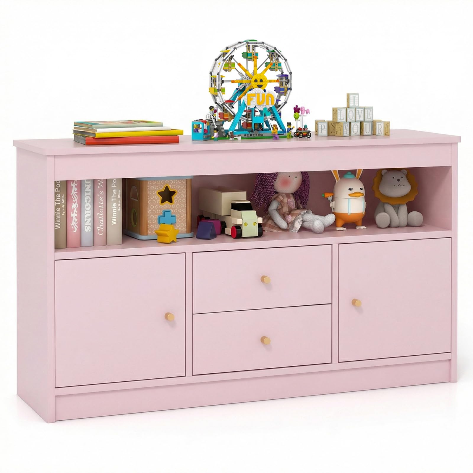 COSTWAY Kids Toy Storage Organizer, Wooden Children's Bookcase with 2 Drawers, 2 Cabinets & Open Shelf, Toys Books Storage Unit for Playroom, Bedroom, Nursery (Pink)