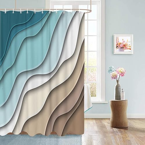 Miniatura 2 de BestLives Cortinas de ducha verde azulado azul moderno geométrico cortina de baño marrón abstracto ola océano impermeable tela de poliéster cortina
