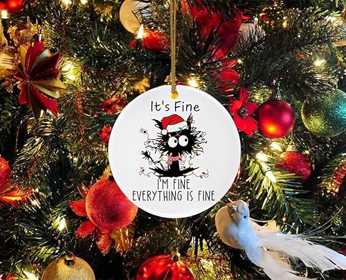 Miniatura 4 de Divertido adorno de Navidad para decoración de árbol de Navidad, It's Fine I'm Fine Everything is Fine, adorno de cerámica de gato negro para