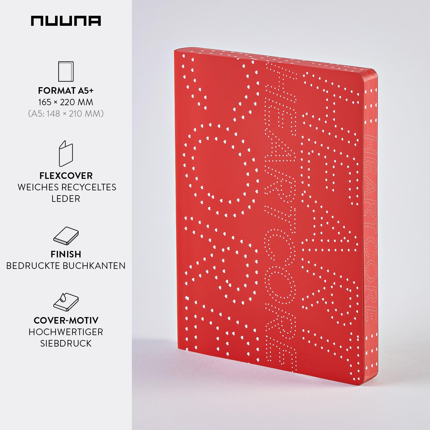 Nuuna Notizbuch A5+ | Graphic L - Heart Core | 3,5 mm Punktraster | 256 nummerierte Seiten | 120 g Premium-Papier | Leder rot | nachhaltig produziert in Deutschland