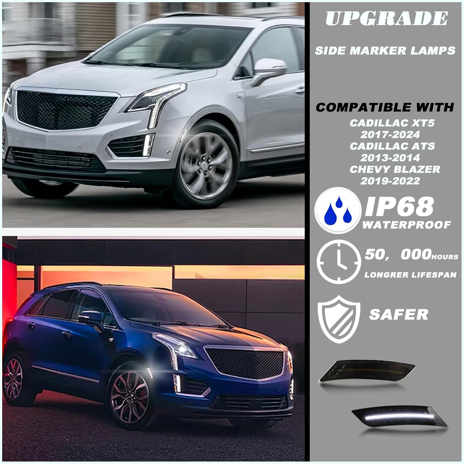 Smoked Lens LED Side Marker Lights for 2017-2024 Cadillac XT5 | 2013-2014 Cadillac ATS | 2019-2021 Chevy Blazer – Direct Replacement White LED Turn Signal Lights 2-Piece Set