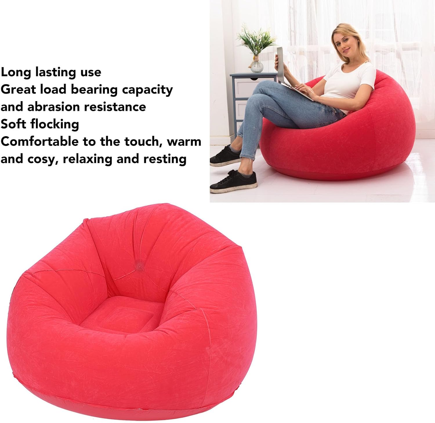 Fdit Portable Folding Inflatable Lounge Chair Sofa with Flocking PVC, Lightweight Blow Up Design for Travel, Living Room, Bedroom, Balcony & Office (Red)