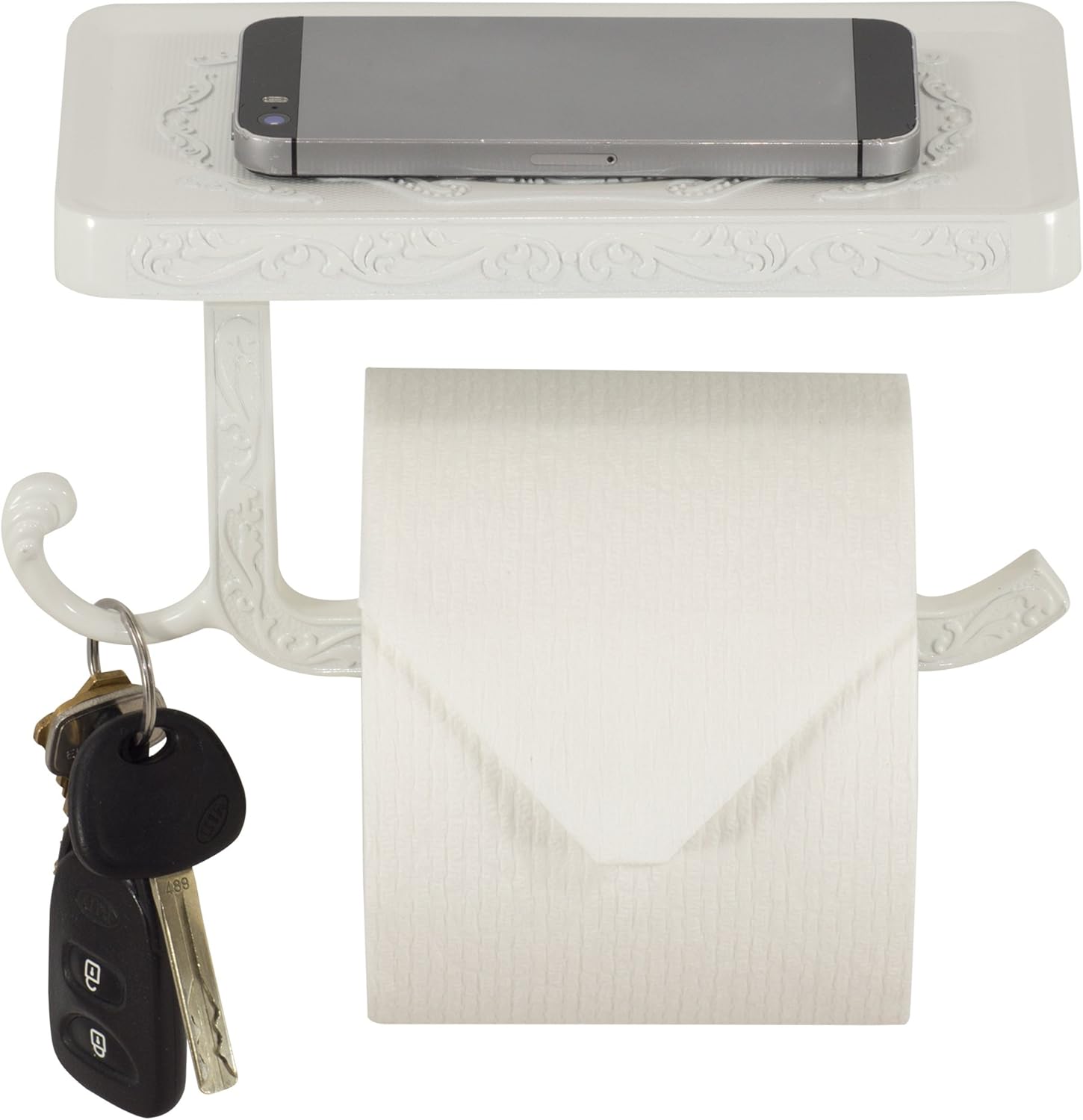 Neater Nest Reversible Toilet Paper Holder with Phone Shelf, Decor Style (White)