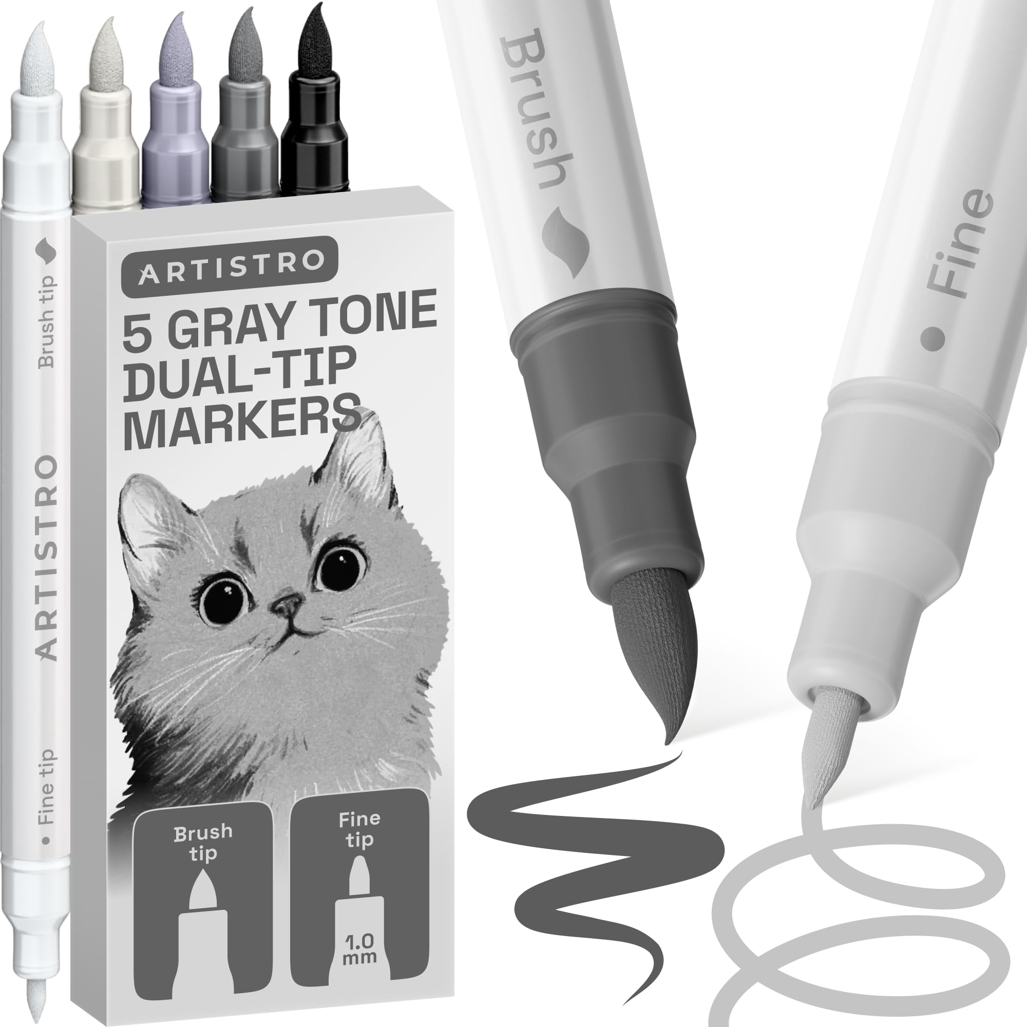ARTISTRO 5 Gray Tones Dual-Tip Acrylic Paint Marker Pens for Drawing