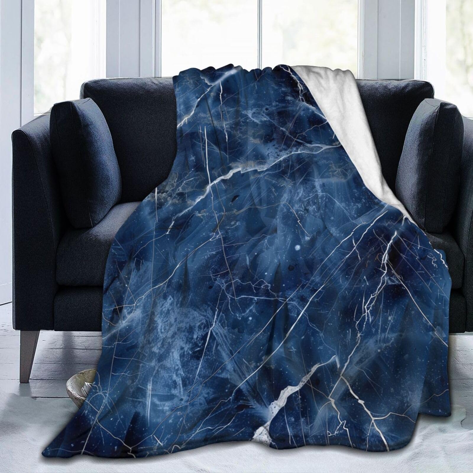 Jeté de canapé imprimé marbre bleu marine 150x125 cm pour décoration salon et plaid de lit doux
