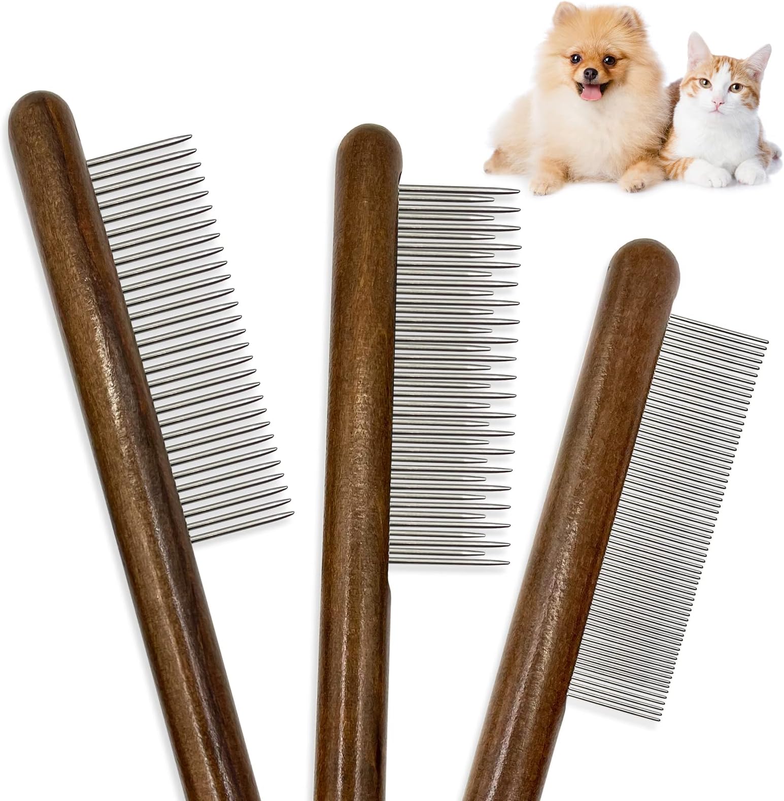 3 Pack Solid Wood Cat Combs, Stainless Steel Teeth for Cat Dog Rabbit Massage, Flea Lice Comb Removes Mats, Tangles and Loose Fur, Grooming Comb for Small Medium Pets