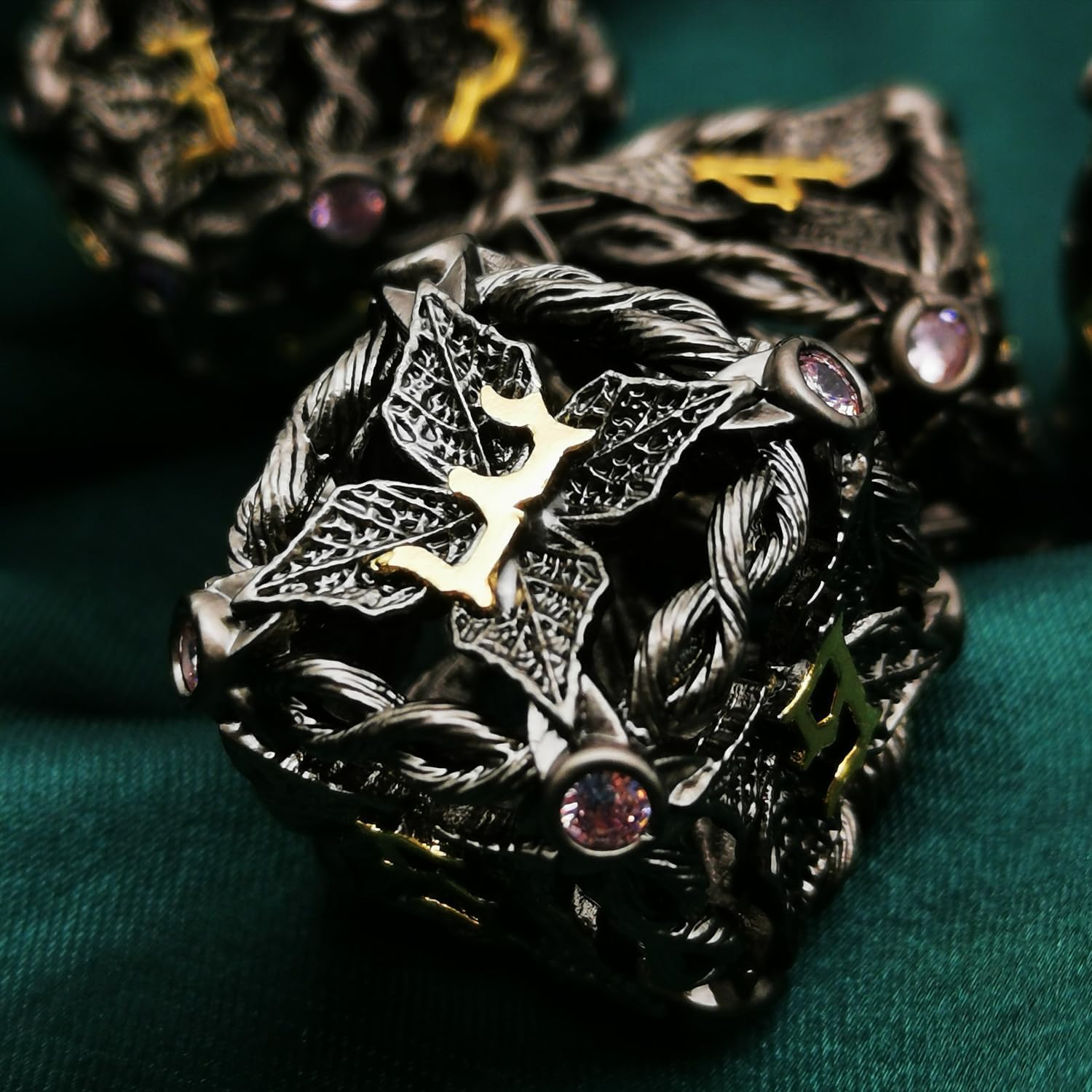 HAOMEJA Hollow Magic Vine Leaf DND Dice Set Metal Dice Set 7 Role Playing Dice D&D Dungeons and Dragons Dice (Black + Purple Gem)