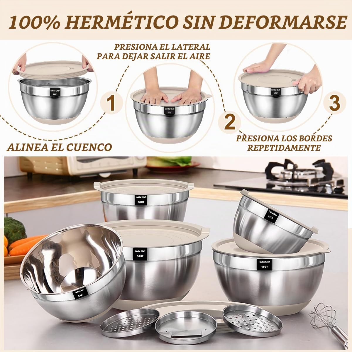 Umite Chef 8 cuencos para mezclar con tapa hermética, de acero inoxidable, color caqui, con accesorios de rallador, cuencos de cocina con base antideslizante, tamaño 5, 4, 3,5, 2, 1,5 l para mezclar y