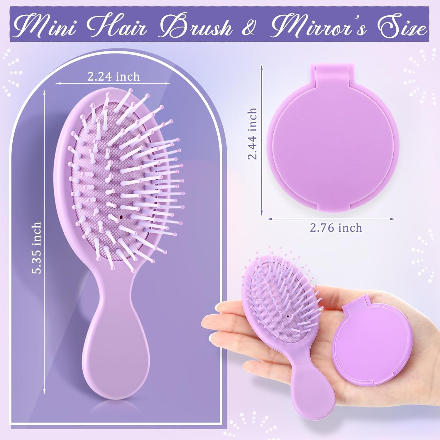 Meanplan 48 Pcs Mini Hair Brush Set 24 travel Wet Dry Hair Combs Pocket Detangling 24 Compact Folding Makeup Mirrors for Spa Sleepover Birthday Bridal Shower Bachelorette Christmas Party Gift(Purple)