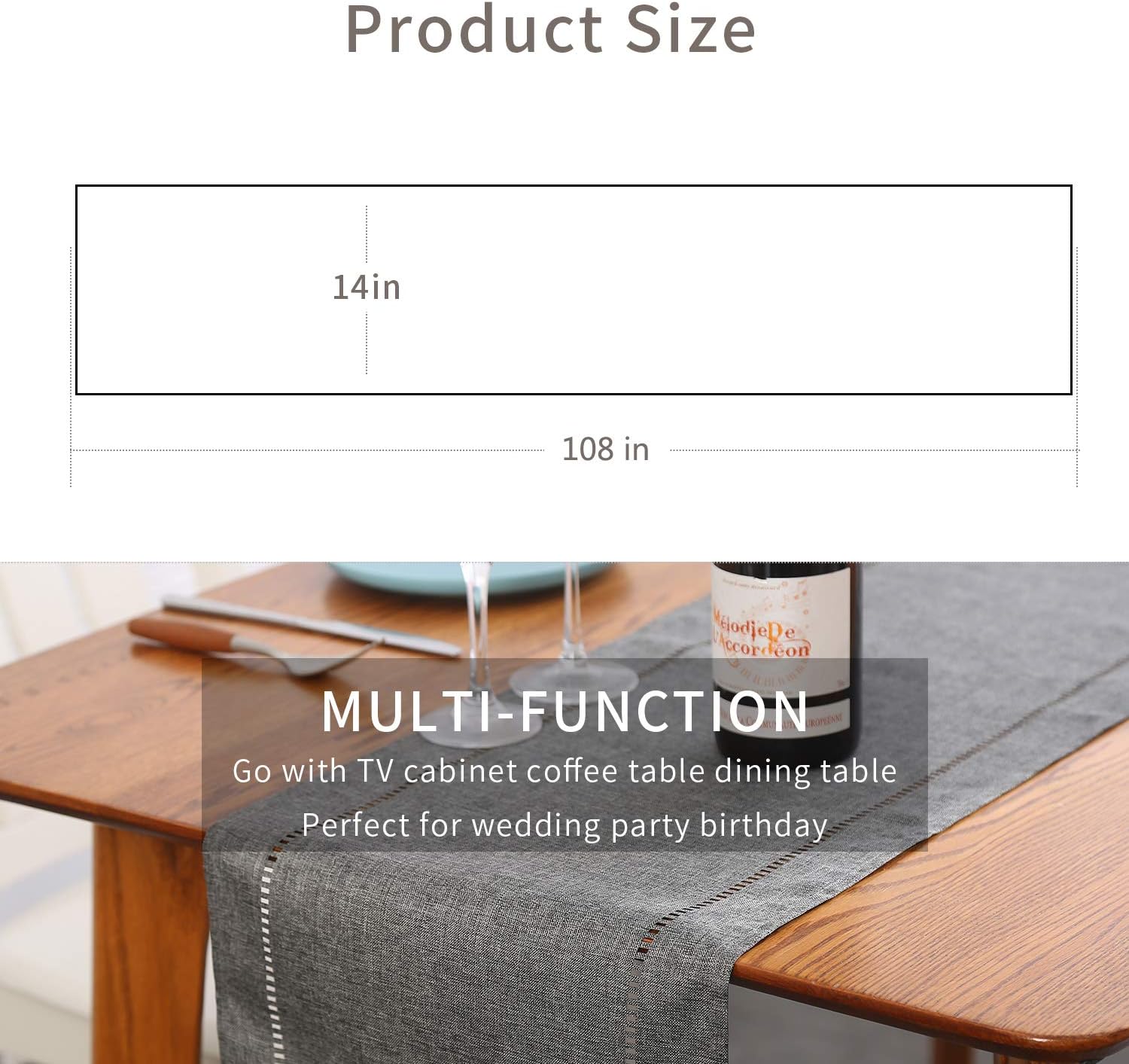 tosewever decorative linen table runner farmhouse style tabletop collection 14 x 108 inches table runners for everyday dining wedding party holiday home decor (14" x 108", grey/straight) 14" x 108" grey/straight