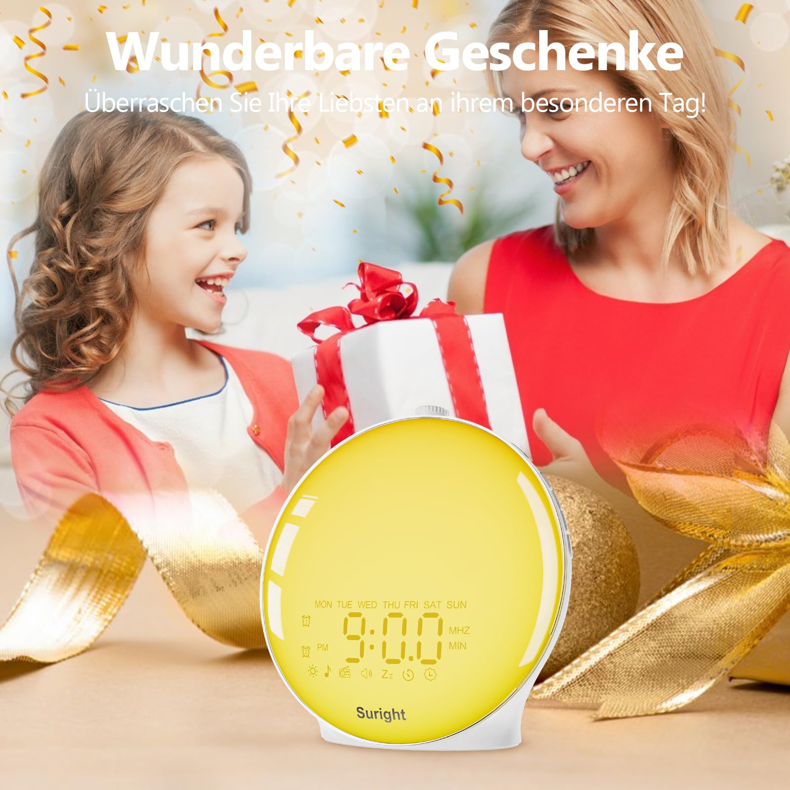 Suright Lichtwecker Tageslichtwecker, Wake Up Licht Wecker, Sonnenaufgang Sonnenuntergang Simulation Wecker Radio 15 Naturgeräusche 2 Alarmen Snooze 18 Farblicht 20 Helligkeit Nachttischlampe