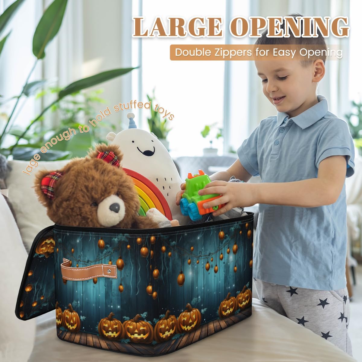 Storage Bin Set of 2 Wooden Pumpkin Light Storage Basket with Zipper Lid & Handle Foldable Closet Shelf 2 Pack Cloth Organizer Basket Cube Bins Clothes Organizer for Bedroom, Nursery