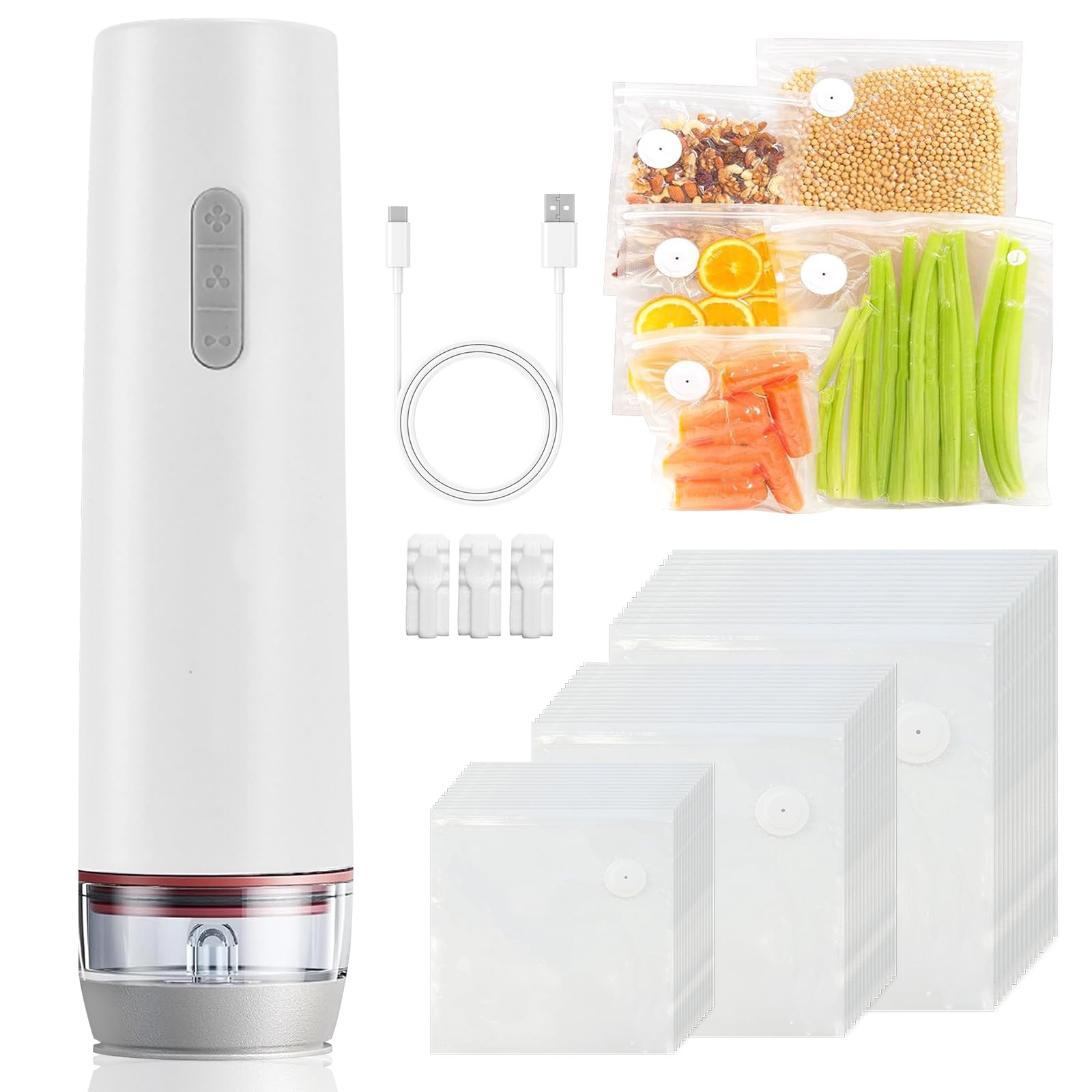 Macchina per sottovuoto con 30 sacchetti riutilizzabili, macchina sottovuoto automatica per alimenti, macchina per sottovuoto per alimenti secchi e umidi, saldatrice per pellicole ricaricabile USB per