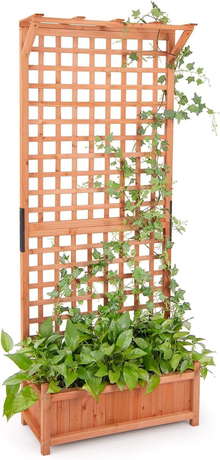 GOPLUS Jardinière avec Treillis 183cm en Bois de Sapin, Trou de Drainage pour Plantes Grimpantes, Fleurs, Bac à Fleurs avec Treillis pour Cour, Jardin, Balcon, 75x33x183cm