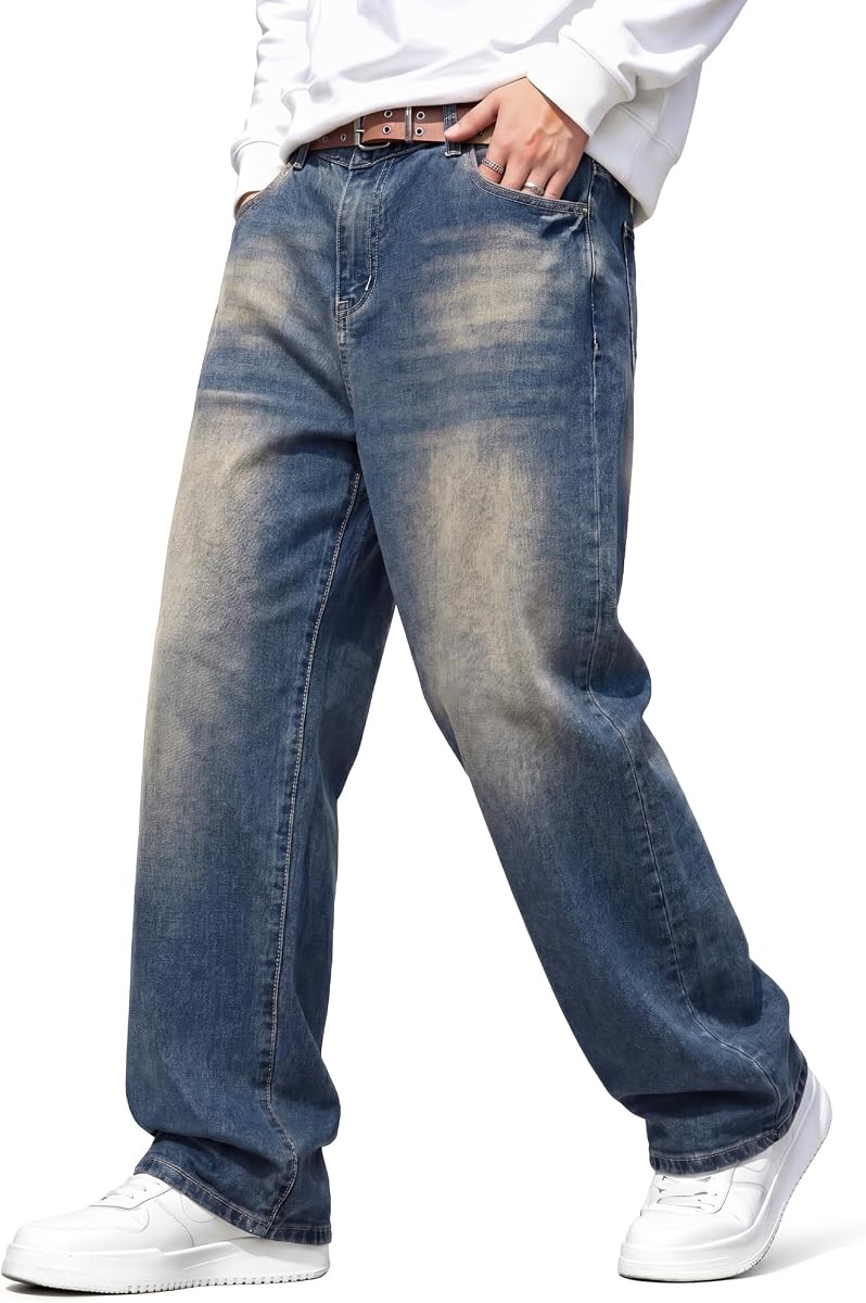 Men's Tapered Baggy Jeans - Loose Fit Wide Leg Denim Pants | Vintage Relaxed Loose Fit, Stretch, Wide Leg, Skater Streetwear, 5 Pockets, Casual Carpenter Jean, Hip Hop,Loose Fit,Outfit