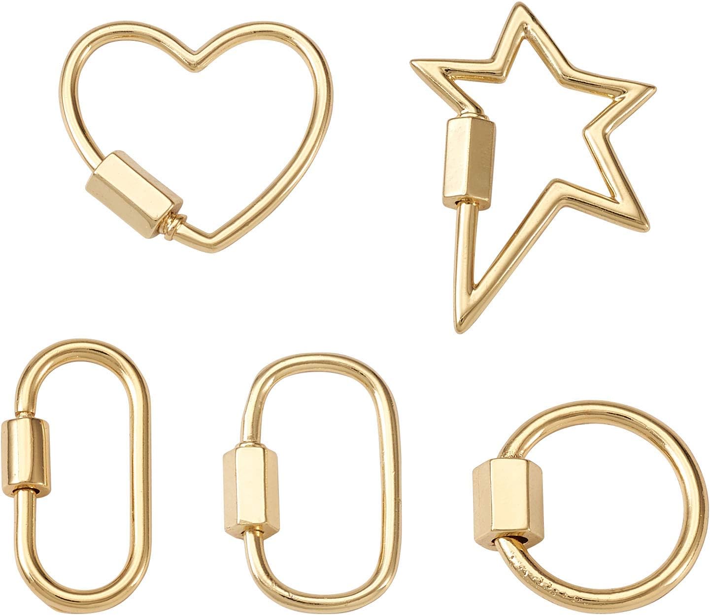 Pandahall 5Pcs Brass Screw Carabiner Lock Charms 18K Gold Plated Necklace Carabiner Clasps Pendant Heart Star Oval Jewelry Connector Charms for Jewelry Making Bracelet Keychains